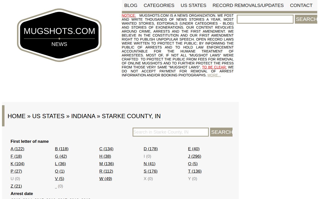 Unofficial Mugshots.com Starke County historical booking archive