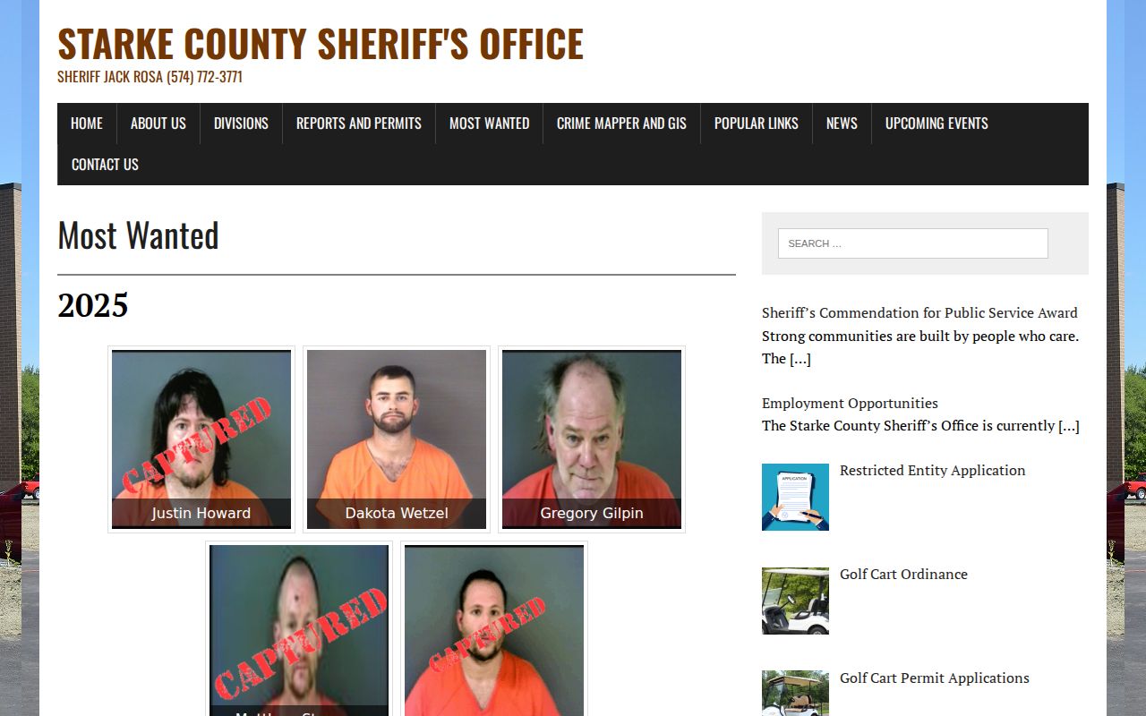 Starke County Sheriff's Office most wanted fugitives page